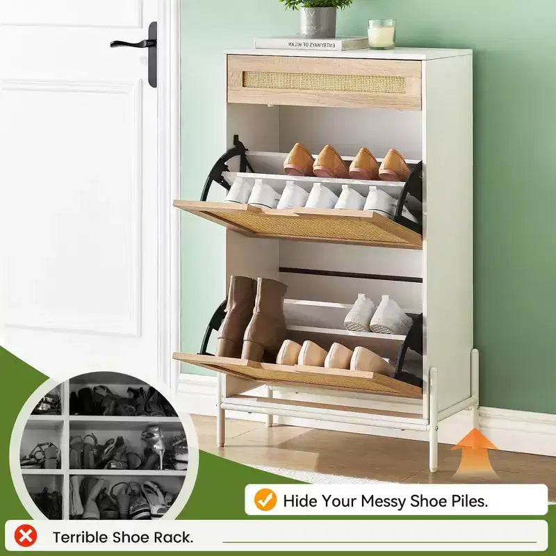 Rattan Shoe Cabinet Storage with 3 Drawers, with Flip-Down Compartments and Drawer, 24 Freestanding Shoe Organizer Wooden, with Adjustable Shelves