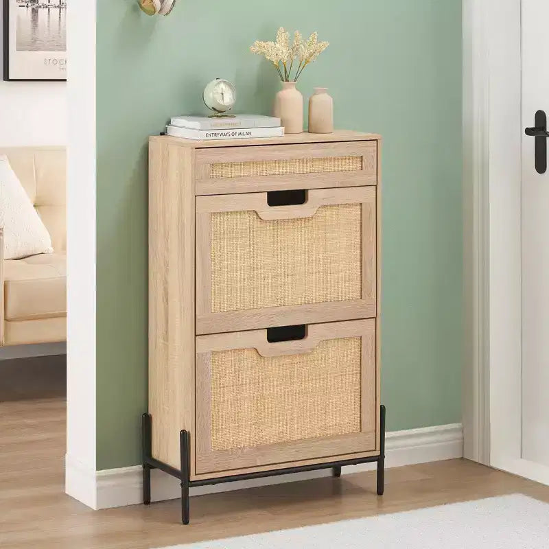 Rattan Shoe Cabinet Storage with 3 Drawers, with Flip-Down Compartments and Drawer, 24 Freestanding Shoe Organizer Wooden, with Adjustable Shelves