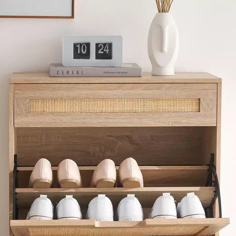 Rattan Shoe Cabinet Storage with 3 Drawers, with Flip-Down Compartments and Drawer, 24 Freestanding Shoe Organizer Wooden, with Adjustable Shelves