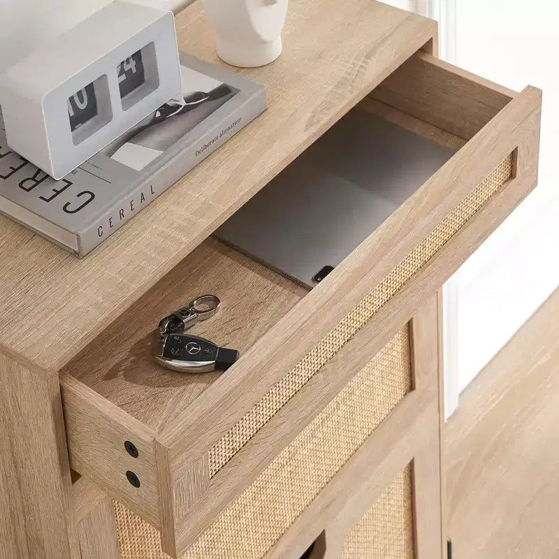 Rattan Shoe Cabinet Storage with 3 Drawers, with Flip-Down Compartments and Drawer, 24 Freestanding Shoe Organizer Wooden, with Adjustable Shelves