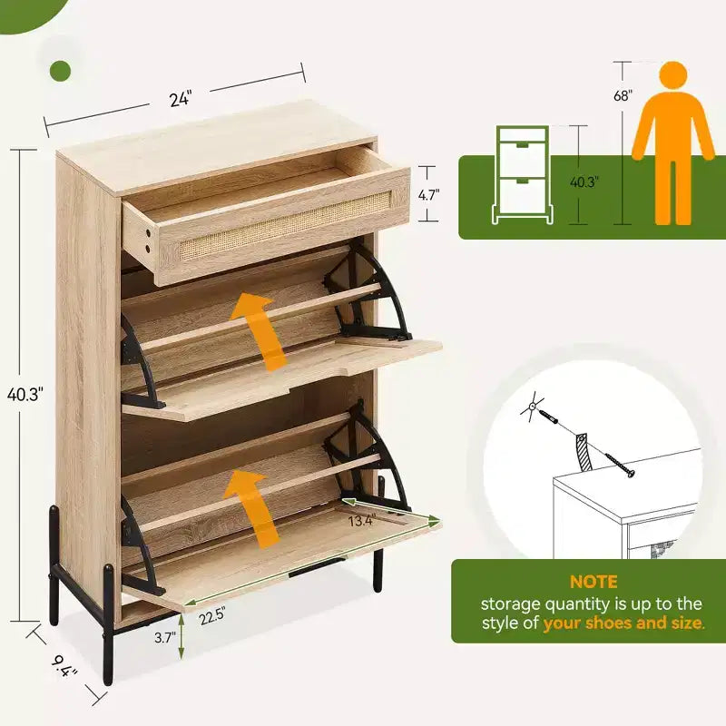 Rattan Shoe Cabinet Storage with 3 Drawers, with Flip-Down Compartments and Drawer, 24 Freestanding Shoe Organizer Wooden, with Adjustable Shelves