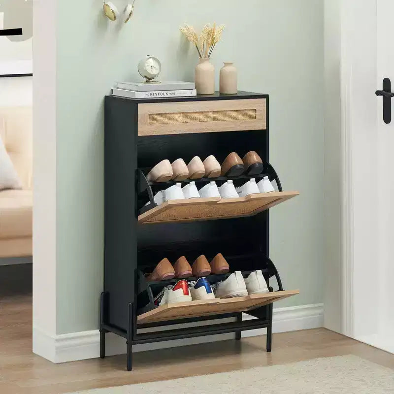 Rattan Shoe Cabinet Storage with 3 Drawers, with Flip-Down Compartments and Drawer, 24 Freestanding Shoe Organizer Wooden, with Adjustable Shelves