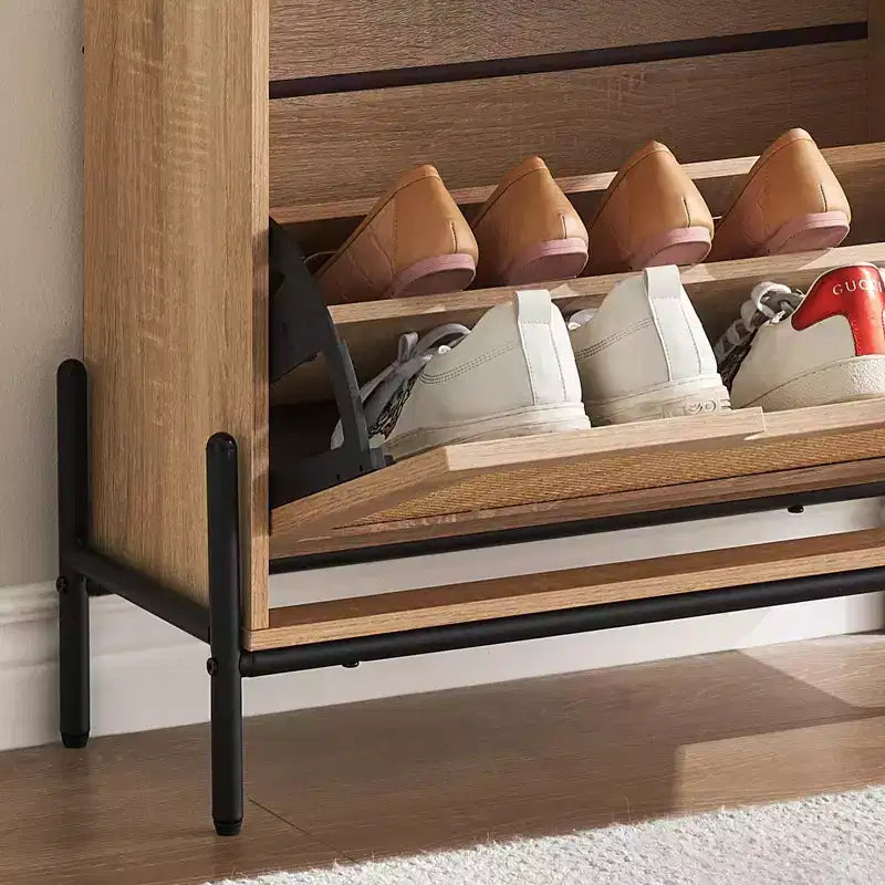Rattan Shoe Cabinet Storage with 3 Drawers, with Flip-Down Compartments and Drawer, 24 Freestanding Shoe Organizer Wooden, with Adjustable Shelves