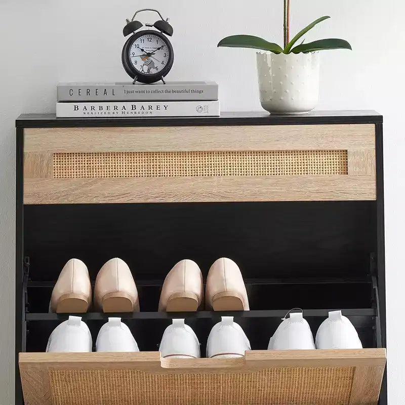 Rattan Shoe Cabinet Storage with 3 Drawers, with Flip-Down Compartments and Drawer, 24 Freestanding Shoe Organizer Wooden, with Adjustable Shelves