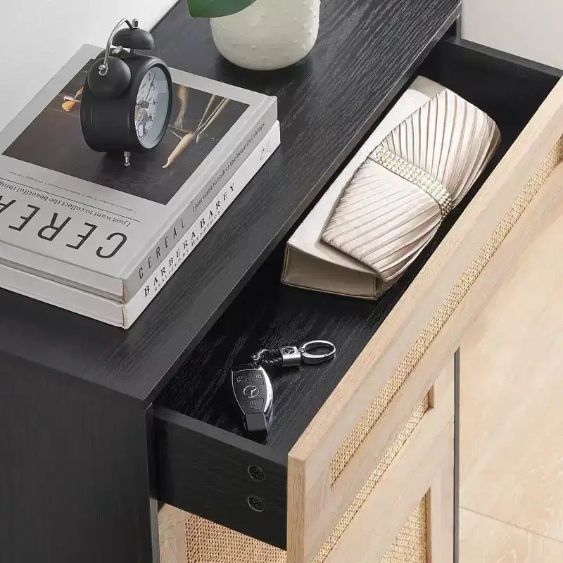 Rattan Shoe Cabinet Storage with 3 Drawers, with Flip-Down Compartments and Drawer, 24 Freestanding Shoe Organizer Wooden, with Adjustable Shelves