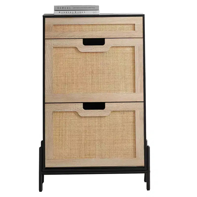 Rattan Shoe Cabinet Storage with 3 Drawers, with Flip-Down Compartments and Drawer, 24 Freestanding Shoe Organizer Wooden, with Adjustable Shelves