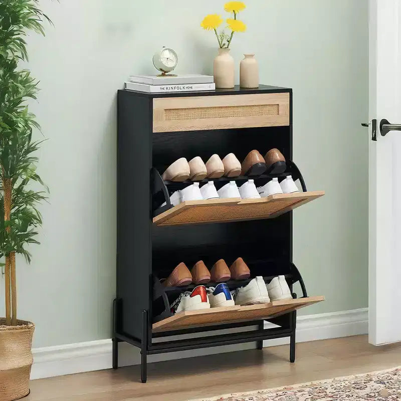 Rattan Shoe Cabinet Storage with 3 Drawers, with Flip-Down Compartments and Drawer, 24 Freestanding Shoe Organizer Wooden, with Adjustable Shelves