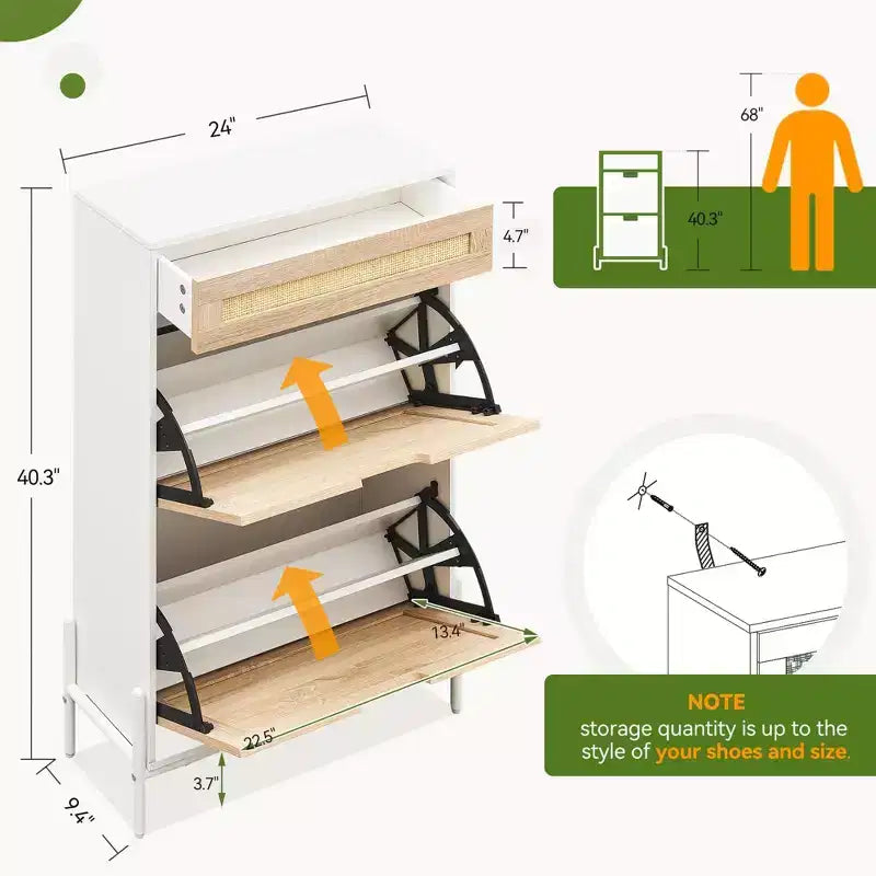 Rattan Shoe Cabinet Storage with 3 Drawers, with Flip-Down Compartments and Drawer, 24 Freestanding Shoe Organizer Wooden, with Adjustable Shelves