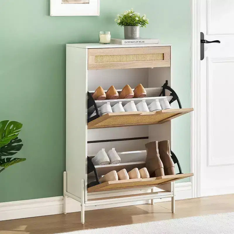 Rattan Shoe Cabinet Storage with 3 Drawers, with Flip-Down Compartments and Drawer, 24 Freestanding Shoe Organizer Wooden, with Adjustable Shelves