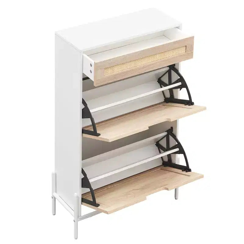 Rattan Shoe Cabinet Storage with 3 Drawers, with Flip-Down Compartments and Drawer, 24 Freestanding Shoe Organizer Wooden, with Adjustable Shelves