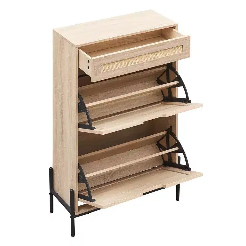 Rattan Shoe Cabinet Storage with 3 Drawers, with Flip-Down Compartments and Drawer, 24 Freestanding Shoe Organizer Wooden, with Adjustable Shelves
