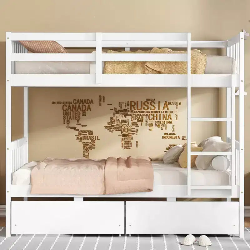 MAYEERTY Twin Rubber Wood Bunk Bed with 2 Drawers Convertible into 2 Twin Beds Ladder Guardrails for Living Room White