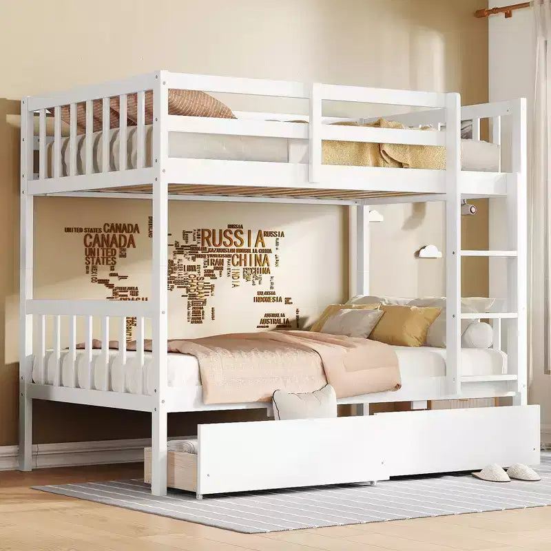 MAYEERTY Twin Rubber Wood Bunk Bed with 2 Drawers Convertible into 2 Twin Beds Ladder Guardrails for Living Room White