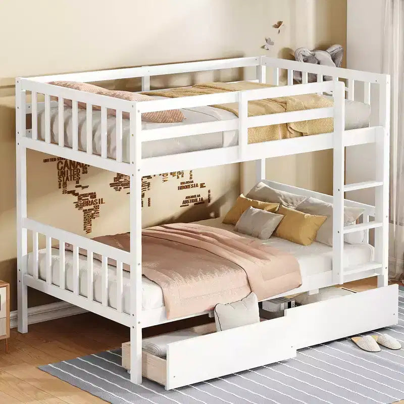 MAYEERTY Twin Rubber Wood Bunk Bed with 2 Drawers Convertible into 2 Twin Beds Ladder Guardrails for Living Room White