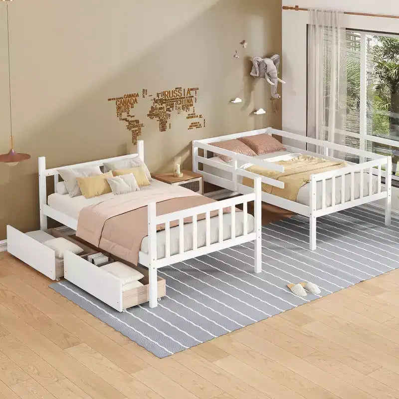 MAYEERTY Twin Rubber Wood Bunk Bed with 2 Drawers Convertible into 2 Twin Beds Ladder Guardrails for Living Room White