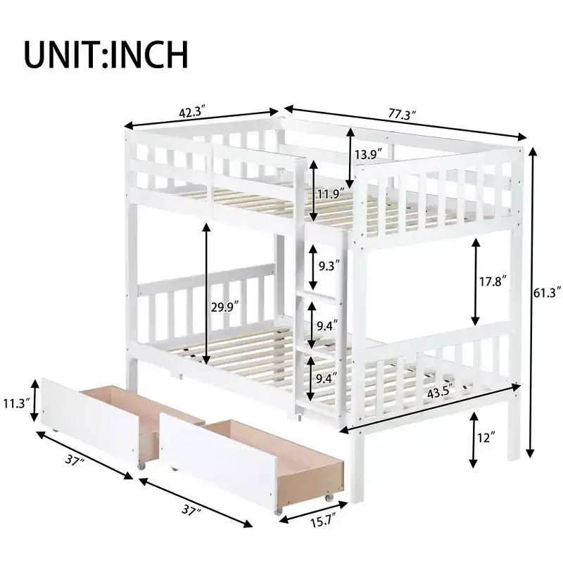 MAYEERTY Twin Rubber Wood Bunk Bed with 2 Drawers Convertible into 2 Twin Beds Ladder Guardrails for Living Room White