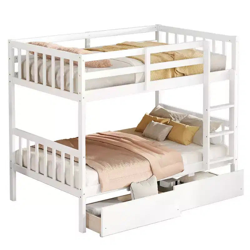 MAYEERTY Twin Rubber Wood Bunk Bed with 2 Drawers Convertible into 2 Twin Beds Ladder Guardrails for Living Room White