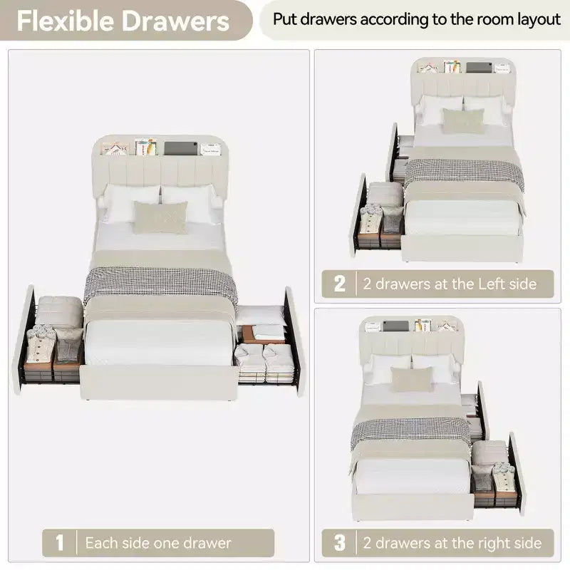 Platform Bed Frame with Two Flexible Storage Drawers, Padded Platform Bed Frame, Easy to Assemble, No Spring Mattress Required, Quiet Operation