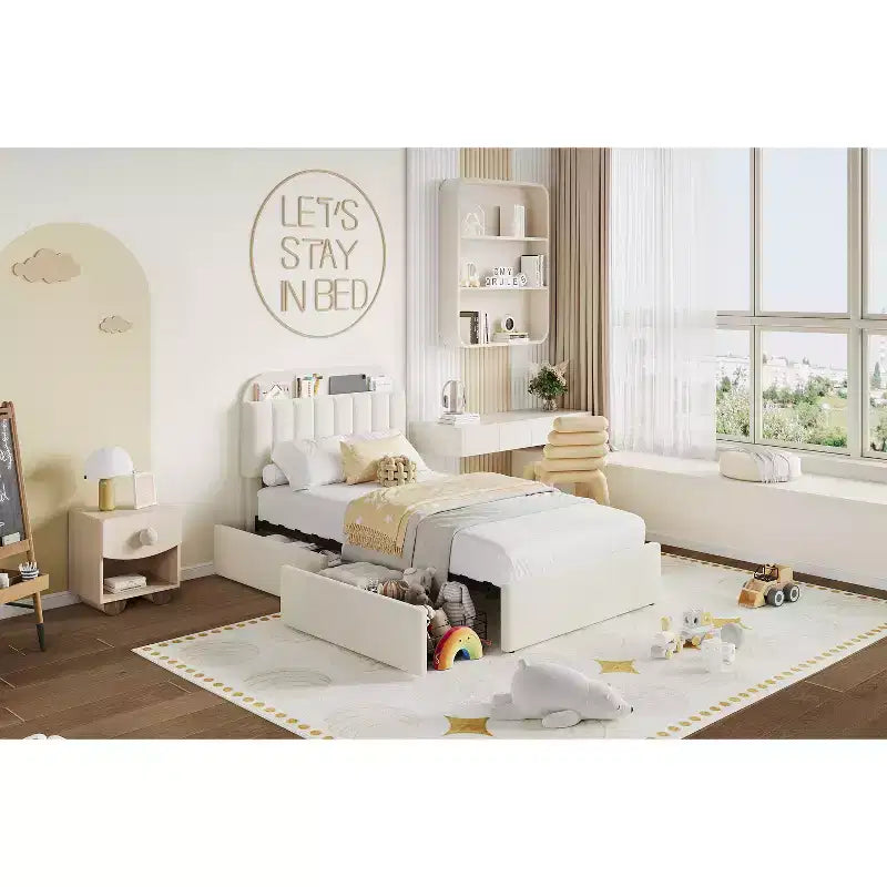 Platform Bed Frame with Two Flexible Storage Drawers, Padded Platform Bed Frame, Easy to Assemble, No Spring Mattress Required, Quiet Operation