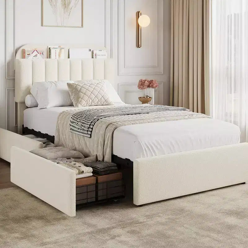 Platform Bed Frame with Two Flexible Storage Drawers, Padded Platform Bed Frame, Easy to Assemble, No Spring Mattress Required, Quiet Operation