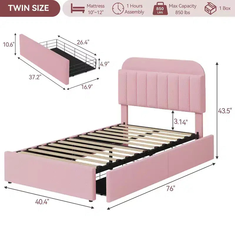 Platform Bed Frame with Two Flexible Storage Drawers, Padded Platform Bed Frame, Easy to Assemble, No Spring Mattress Required, Quiet Operation