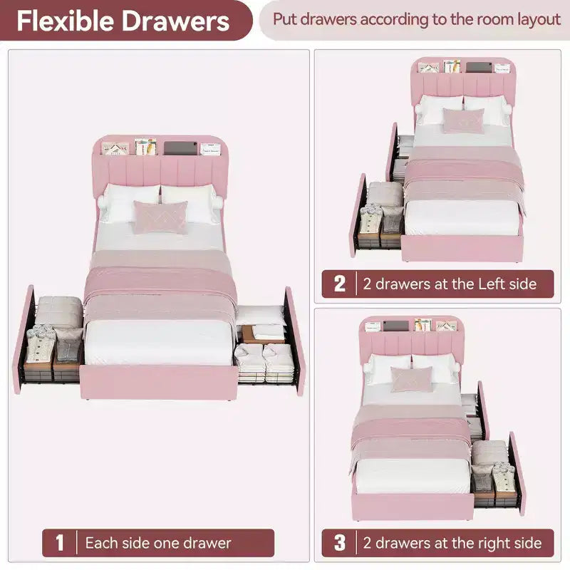 Platform Bed Frame with Two Flexible Storage Drawers, Padded Platform Bed Frame, Easy to Assemble, No Spring Mattress Required, Quiet Operation