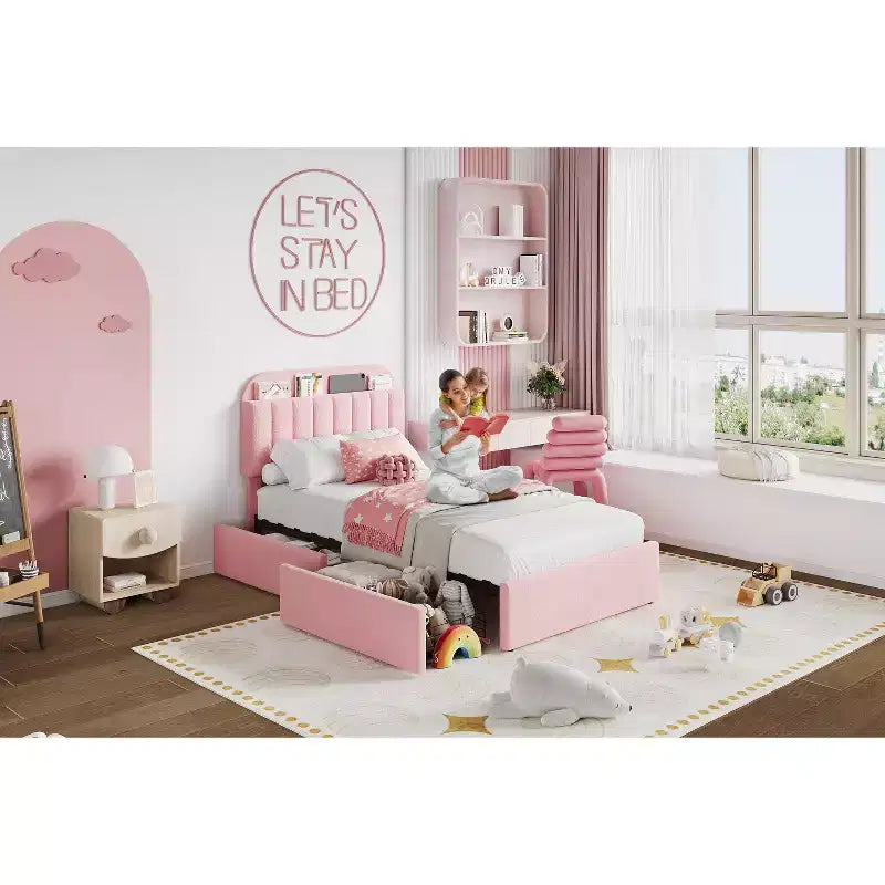 Platform Bed Frame with Two Flexible Storage Drawers, Padded Platform Bed Frame, Easy to Assemble, No Spring Mattress Required, Quiet Operation