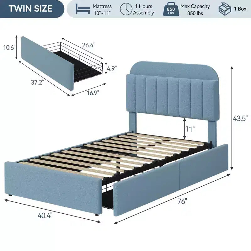 Platform Bed Frame with Two Flexible Storage Drawers, Padded Platform Bed Frame, Easy to Assemble, No Spring Mattress Required, Quiet Operation