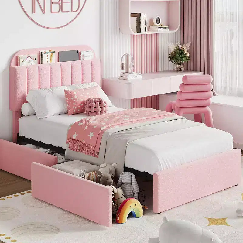 Platform Bed Frame with Two Flexible Storage Drawers, Padded Platform Bed Frame, Easy to Assemble, No Spring Mattress Required, Quiet Operation