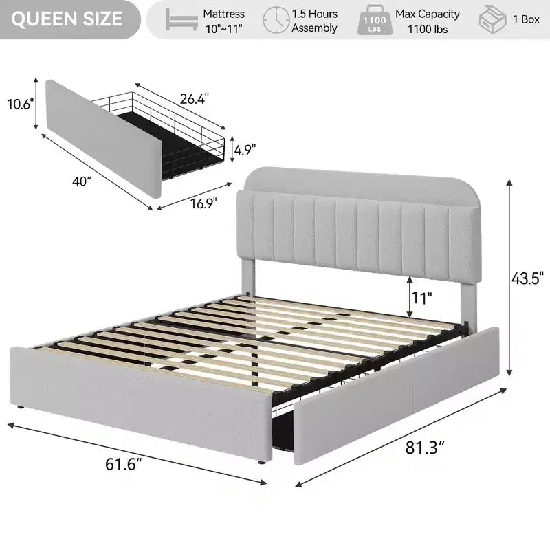 Platform Bed Frame with Two Flexible Storage Drawers, Padded Platform Bed Frame, Easy to Assemble, No Spring Mattress Required, Quiet Operation
