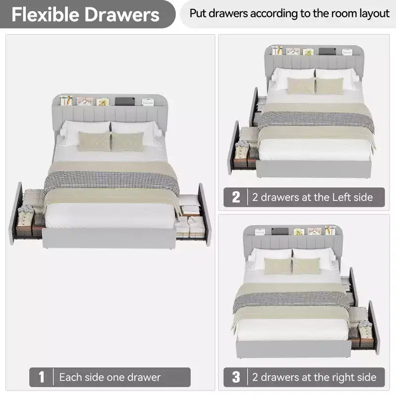 Platform Bed Frame with Two Flexible Storage Drawers, Padded Platform Bed Frame, Easy to Assemble, No Spring Mattress Required, Quiet Operation