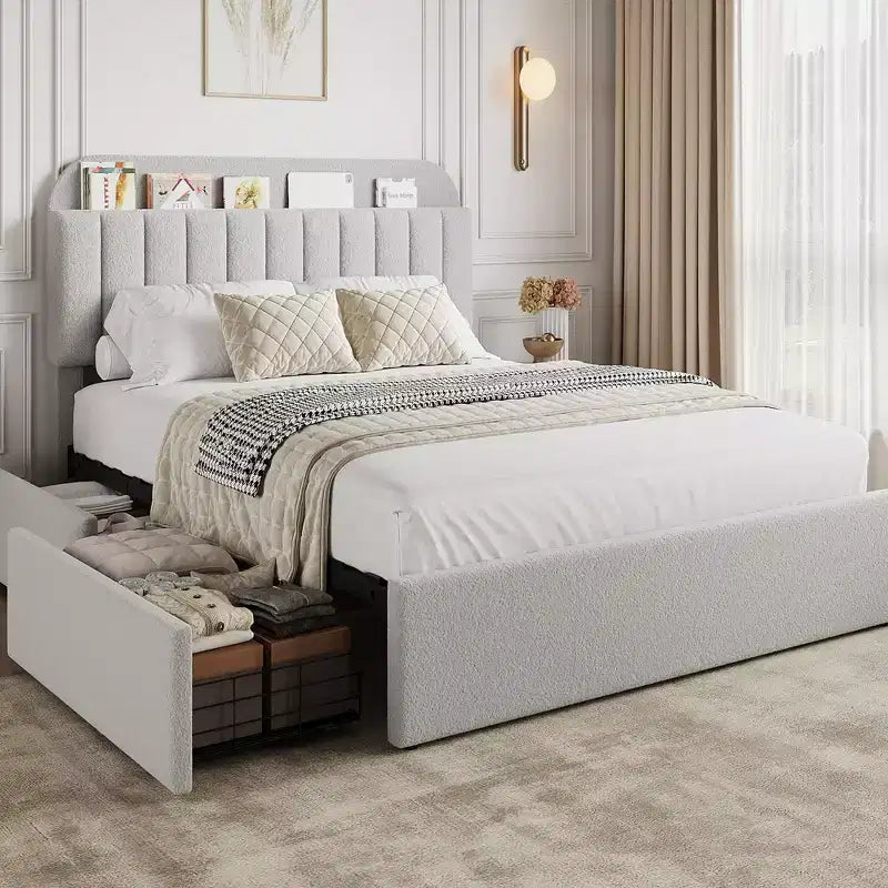 Platform Bed Frame with Two Flexible Storage Drawers, Padded Platform Bed Frame, Easy to Assemble, No Spring Mattress Required, Quiet Operation