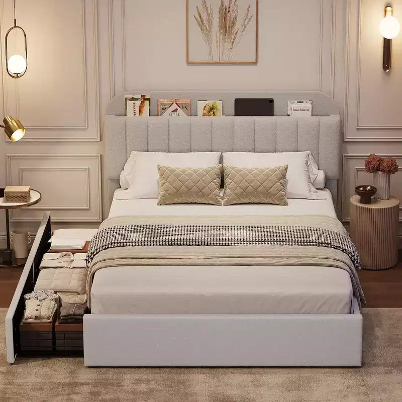 Platform Bed Frame with Two Flexible Storage Drawers, Padded Platform Bed Frame, Easy to Assemble, No Spring Mattress Required, Quiet Operation