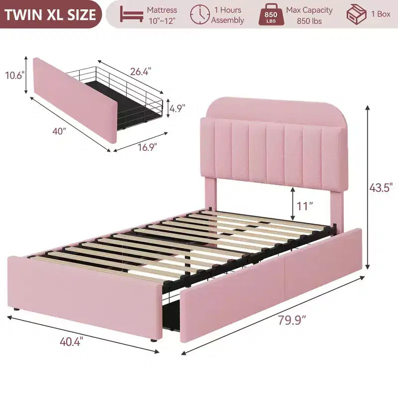 Platform Bed Frame with Two Flexible Storage Drawers, Padded Platform Bed Frame, Easy to Assemble, No Spring Mattress Required, Quiet Operation