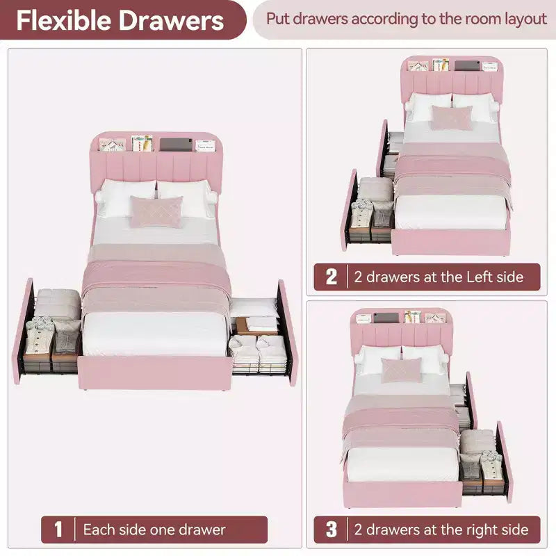 Platform Bed Frame with Two Flexible Storage Drawers, Padded Platform Bed Frame, Easy to Assemble, No Spring Mattress Required, Quiet Operation