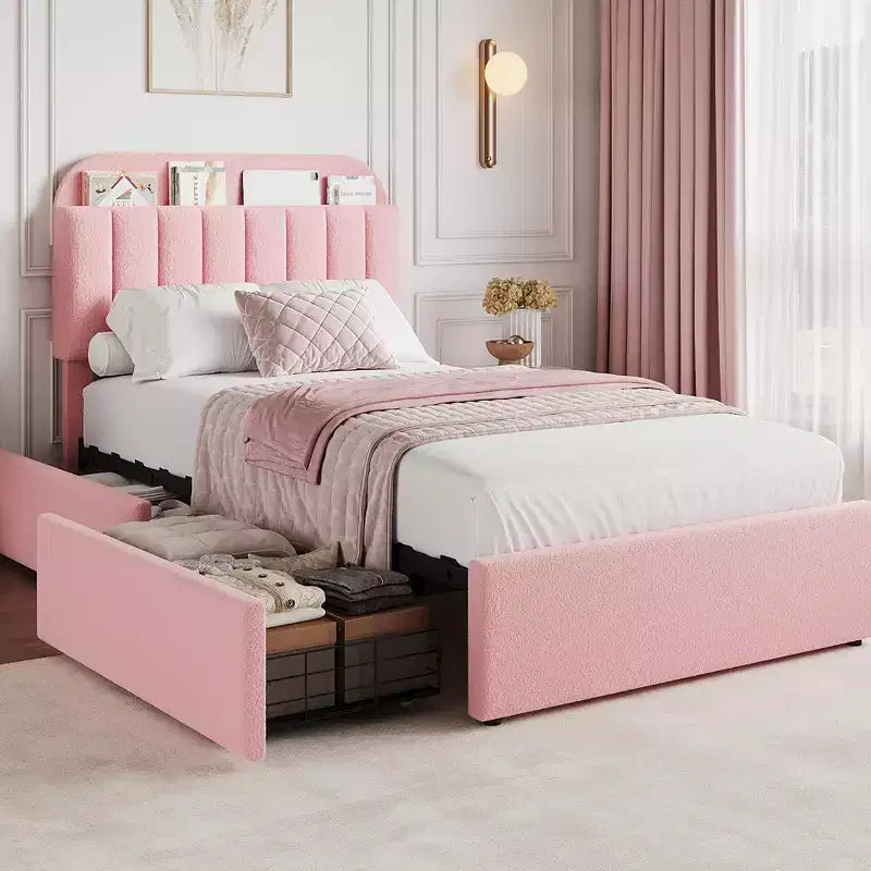 Platform Bed Frame with Two Flexible Storage Drawers, Padded Platform Bed Frame, Easy to Assemble, No Spring Mattress Required, Quiet Operation