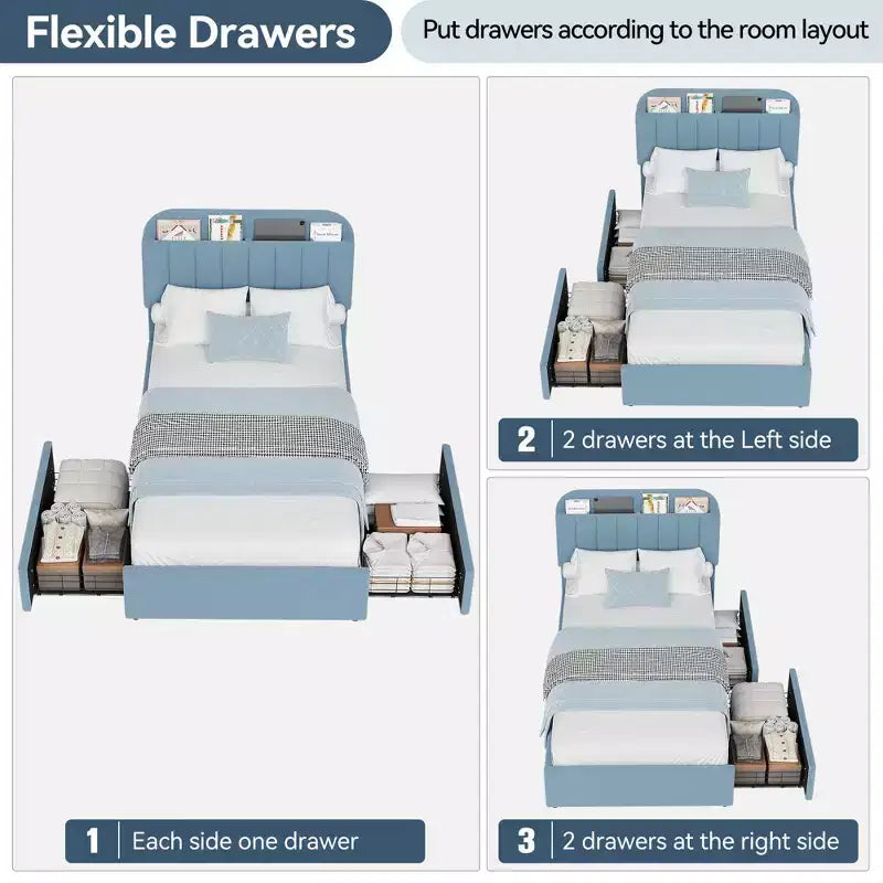 Platform Bed Frame with Two Flexible Storage Drawers, Padded Platform Bed Frame, Easy to Assemble, No Spring Mattress Required, Quiet Operation