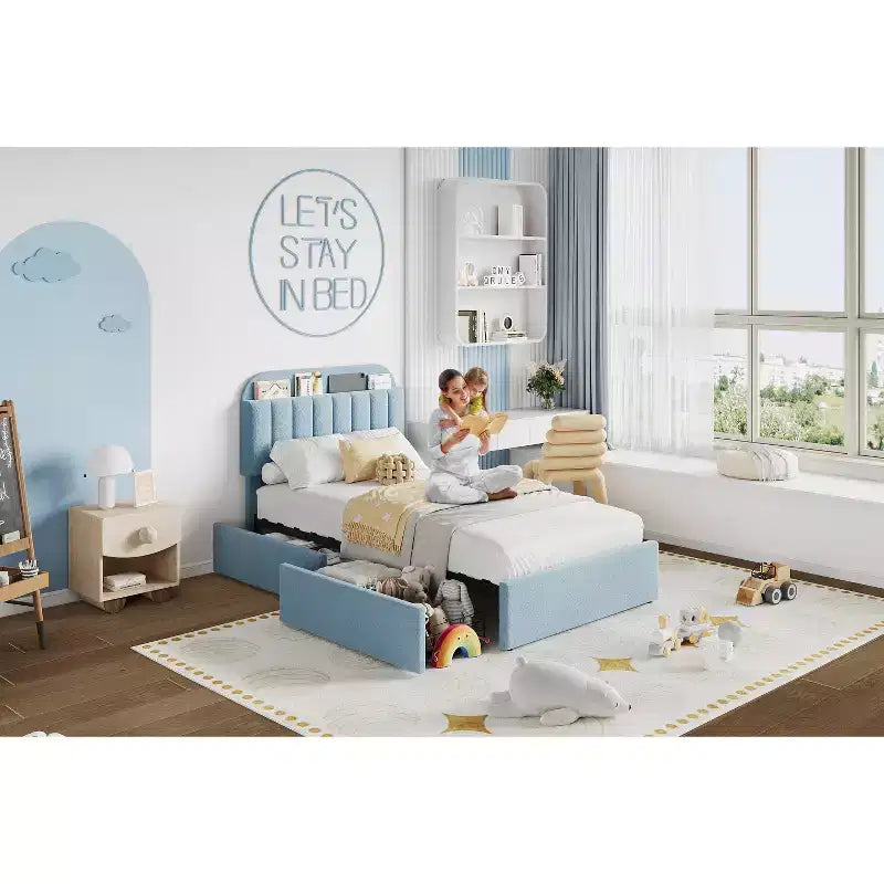 Platform Bed Frame with Two Flexible Storage Drawers, Padded Platform Bed Frame, Easy to Assemble, No Spring Mattress Required, Quiet Operation
