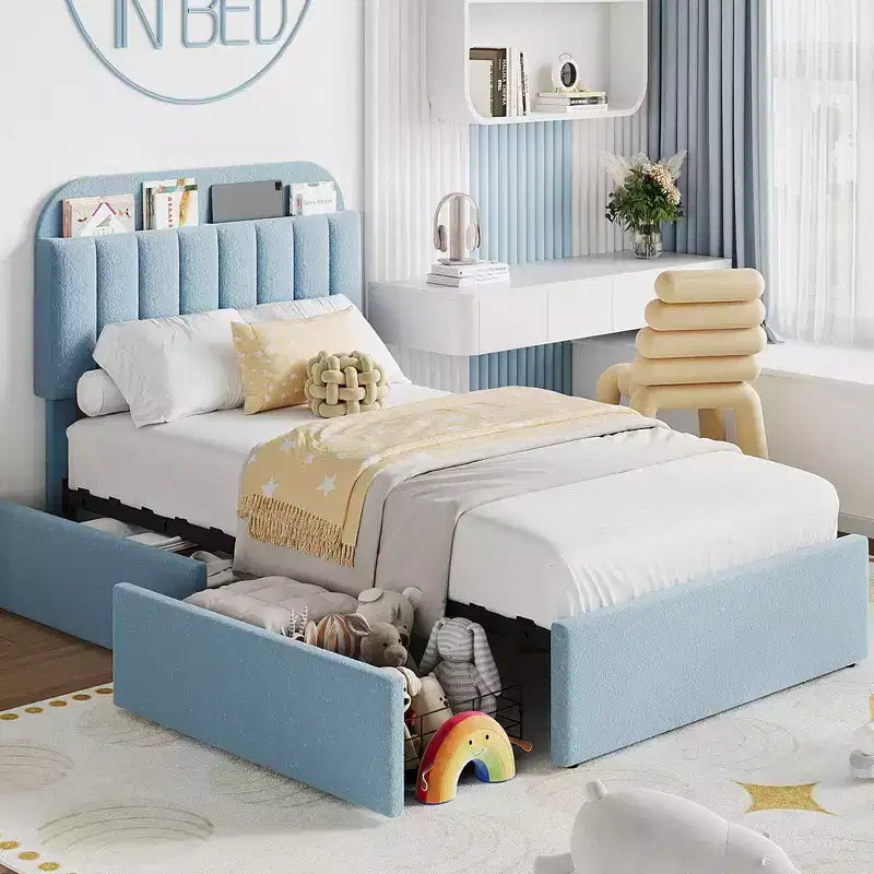Platform Bed Frame with Two Flexible Storage Drawers, Padded Platform Bed Frame, Easy to Assemble, No Spring Mattress Required, Quiet Operation
