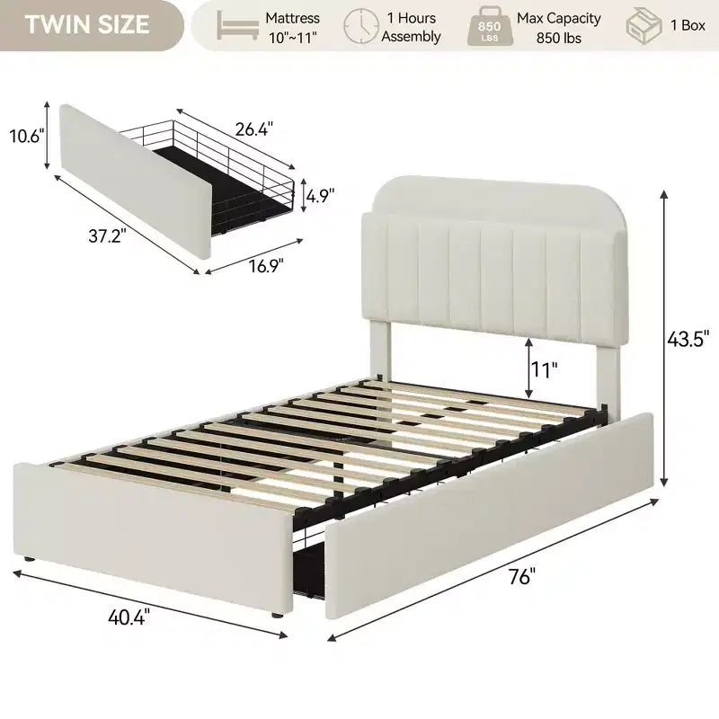 Platform Bed Frame with Two Flexible Storage Drawers, Padded Platform Bed Frame, Easy to Assemble, No Spring Mattress Required, Quiet Operation