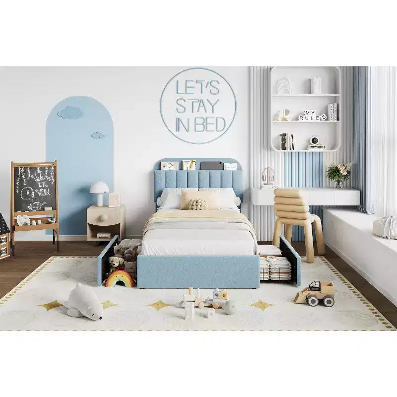 Platform Bed Frame with Two Flexible Storage Drawers, Padded Platform Bed Frame, Easy to Assemble, No Spring Mattress Required, Quiet Operation
