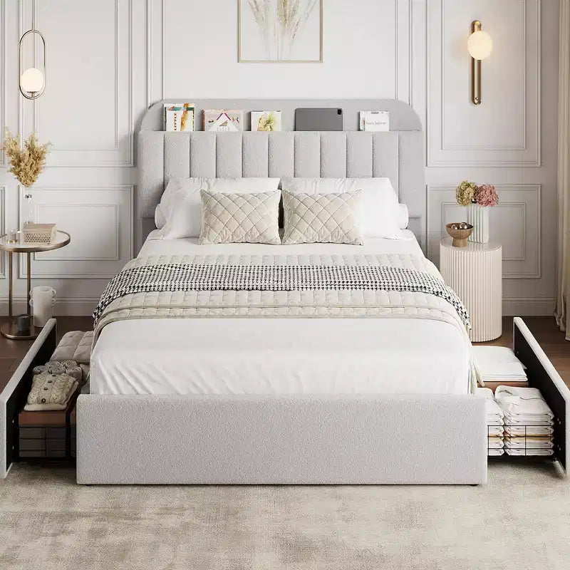 Platform Bed Frame with Two Flexible Storage Drawers, Padded Platform Bed Frame, Easy to Assemble, No Spring Mattress Required, Quiet Operation