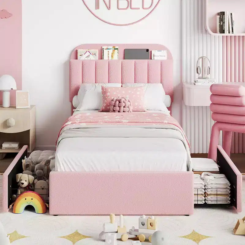 Platform Bed Frame with Two Flexible Storage Drawers, Padded Platform Bed Frame, Easy to Assemble, No Spring Mattress Required, Quiet Operation