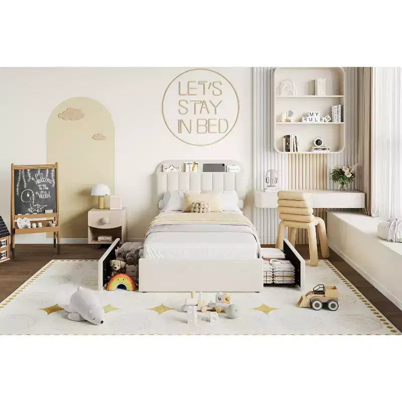 Platform Bed Frame with Two Flexible Storage Drawers, Padded Platform Bed Frame, Easy to Assemble, No Spring Mattress Required, Quiet Operation