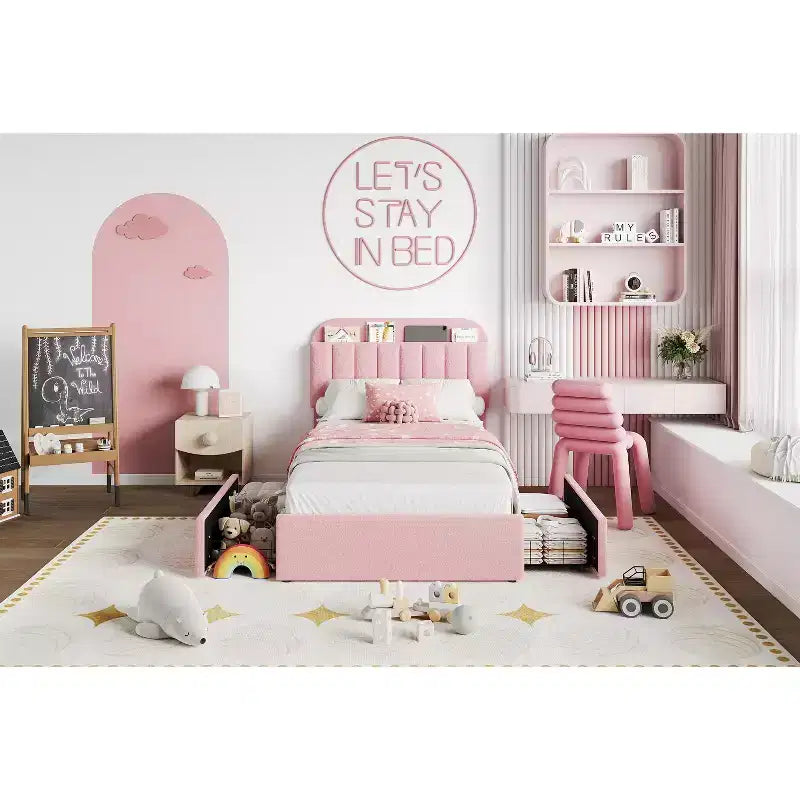 Platform Bed Frame with Two Flexible Storage Drawers, Padded Platform Bed Frame, Easy to Assemble, No Spring Mattress Required, Quiet Operation