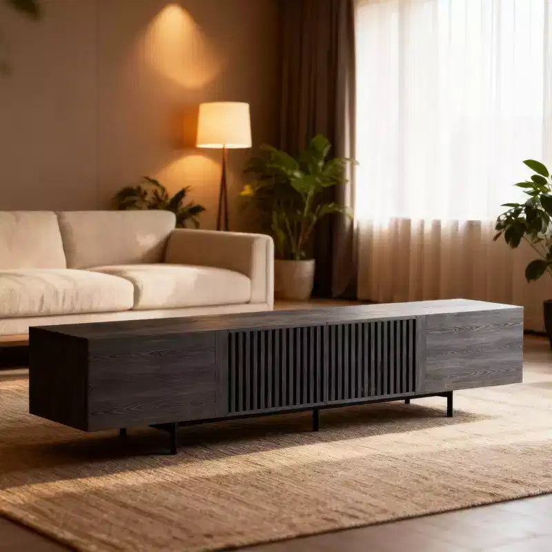 Luck Live 94.48 Black Modern TV Stand with Adjustable Shelves, Soft-Close Hinges & Cable Holes, Metal Legs for Home Living
