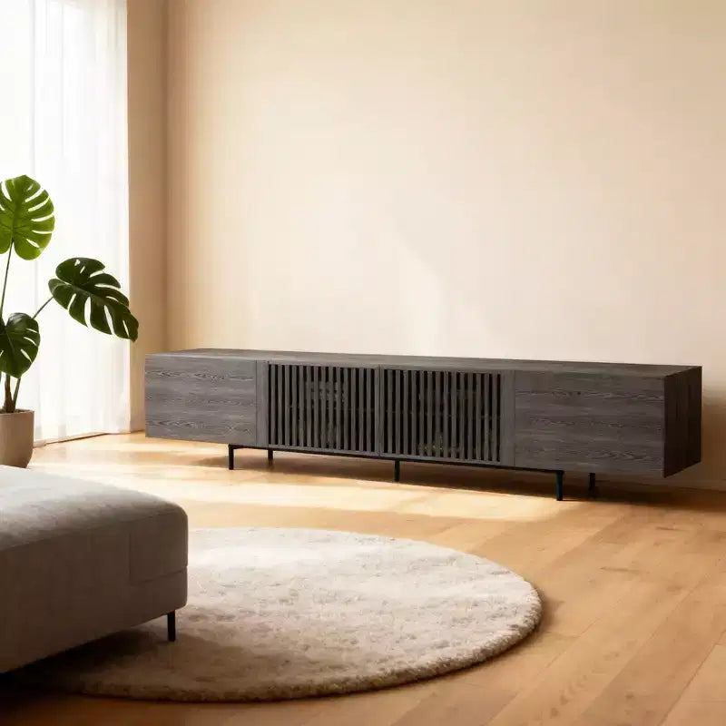 Luck Live 94.48 Black Modern TV Stand with Adjustable Shelves, Soft-Close Hinges & Cable Holes, Metal Legs for Home Living
