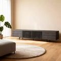 Luck Live 94.48 Black Modern TV Stand with Adjustable Shelves, Soft-Close Hinges & Cable Holes, Metal Legs for Home Living