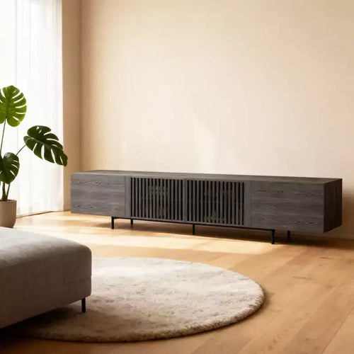 Luck Live 94.48 Black Modern TV Stand with Adjustable Shelves, Soft-Close Hinges & Cable Holes, Metal Legs for Home Living