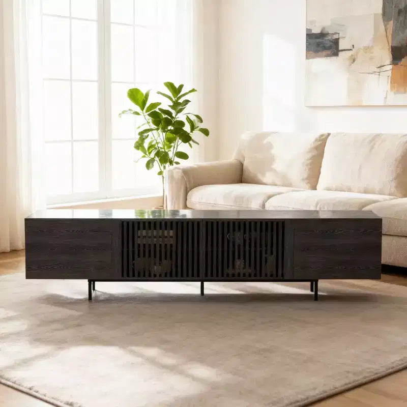 Luck Live 94.48 Black Modern TV Stand with Adjustable Shelves, Soft-Close Hinges & Cable Holes, Metal Legs for Home Living